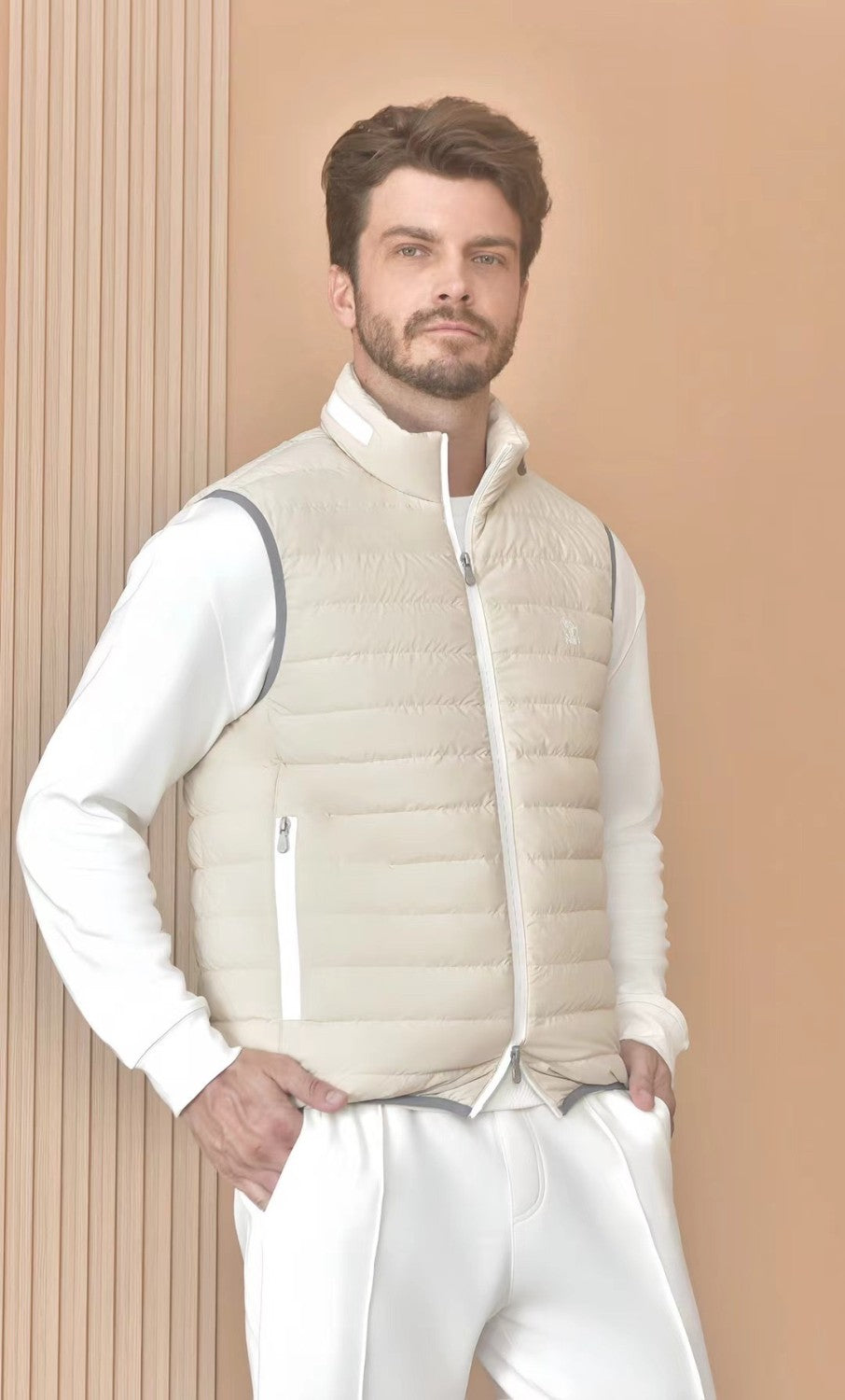 Brunello Cucinelli Men's Logo Embroidered High Neck Zipper Solid Color Fitted Straight Sleeveless Down Vest Ngvp #9665