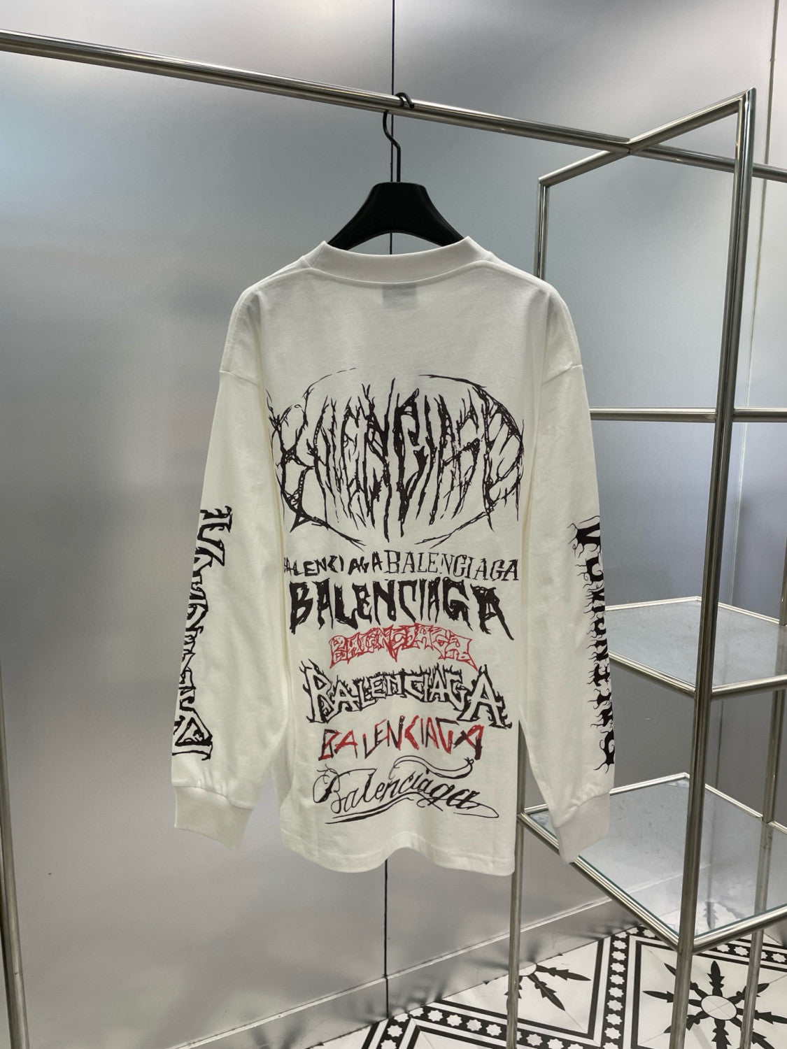 Balenciaga Men's And Women's Spring And Fall Retro Letter Silhouette Plain Knit Fabric Long Sleeve T-shirt Pullover #98139