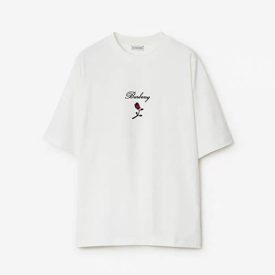 Burberry Men's Women's Summer Letter Floral Embroidery Cotton Round Neck Solid Color Short Sleeve T-Shirt #76328