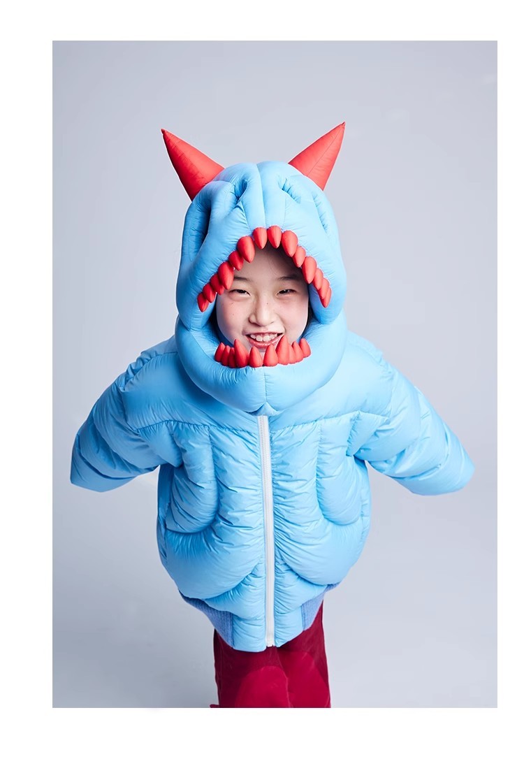 Kid's Autumn And Winter Solid Color Dinosaur Thickened Long Sleeve Hooded Puffer Down Jacket #31324