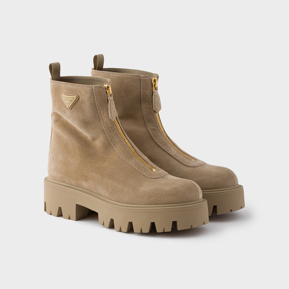 PRADA  Desert Yellow Suede Booties with Zip Classic Triangle Logo British Style Retro Short Boots Cow Suede #330178