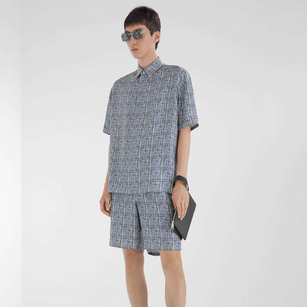 Fendi Men's Summer Blue Ff Full Print Single-Breasted Short-Sleeved Silk Shirt Casual Elastic Waist Fitted Shorts Ngvp #8663