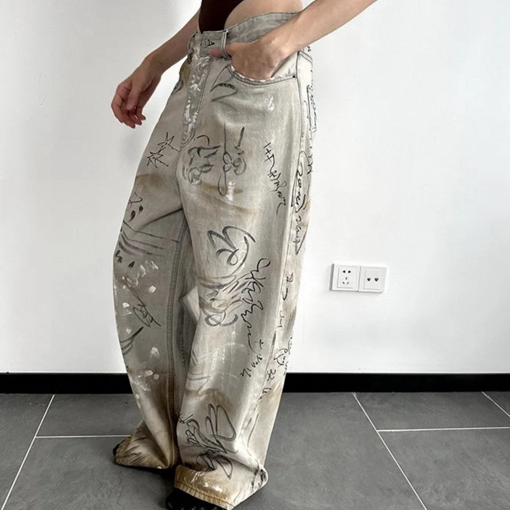 Balenciaga Men's Spring And Autumn Graffiti Retro Old Workwear Pants White Baggy Jeans High Street Fashion Straight Casual Pants Ngvp #1184