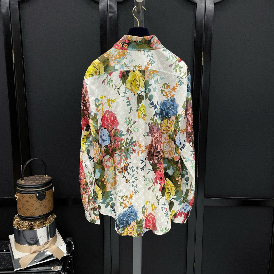 Louis Vuitton Men's Summer White Floral Print Single Breasted Silk Long Sleeve Shirt #97791