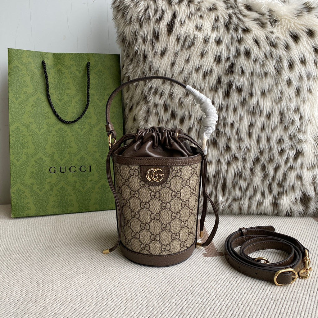 Gucci Ophidia Women's Brown Adjustable Shoulder Strap Drawstring Closure Canvas Spell Leather Bucket Bag Single Shoulder Crossbody Handbag Bags #75549