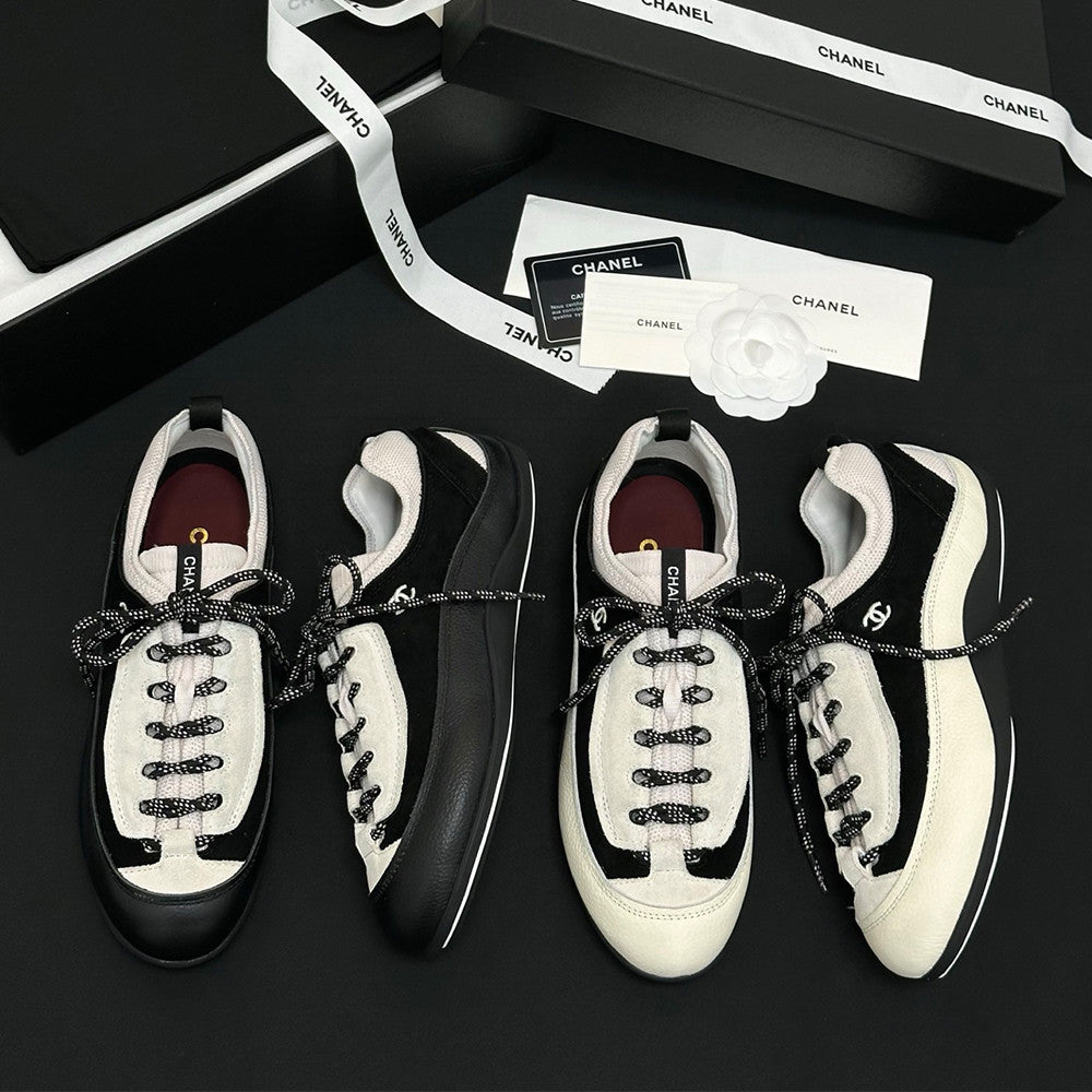 CHANEL Sneakers Velvet Calfskin Mixed Fibers Black White #386505
