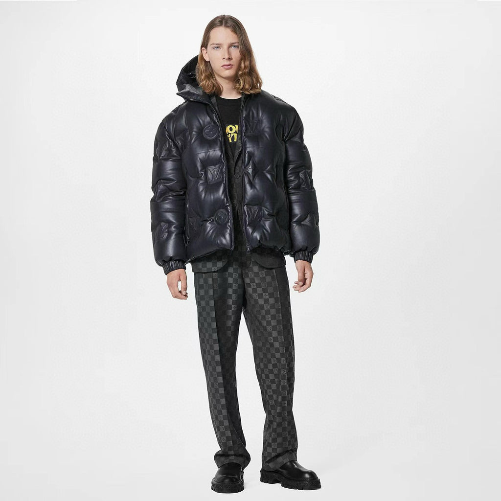 Louis Vuitton Men's Autumn and Winter Solid Color Embossed Printed Hooded Zipper Long Sleeve Puffer Down Jacket #75245