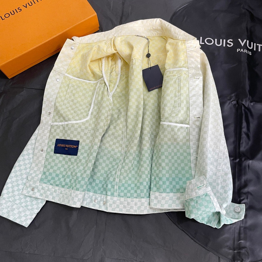 Louis Vuitton Men's Fall/Winter Gradient Checkerboard Print Single Breasted Denim Long Sleeve Jacket #76538