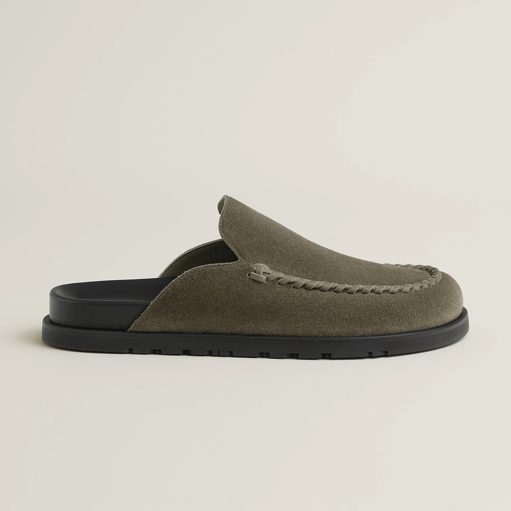 Hermes Men's Johan Mule Shoes Summer Solid Color Round Toe Suede Flat Slippers Casual Shoes Ngvp #1831