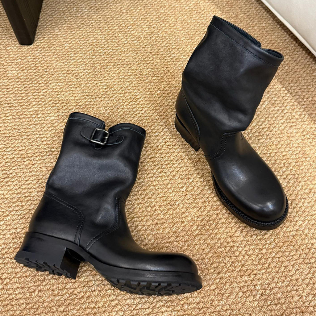 Prada Women's Fall And Winter Western Super Cool Independent Style Calf Boots Leather Buckle Fashion Trend Casual Mid-calf Knight Boots Shoes Ngvp #2258
