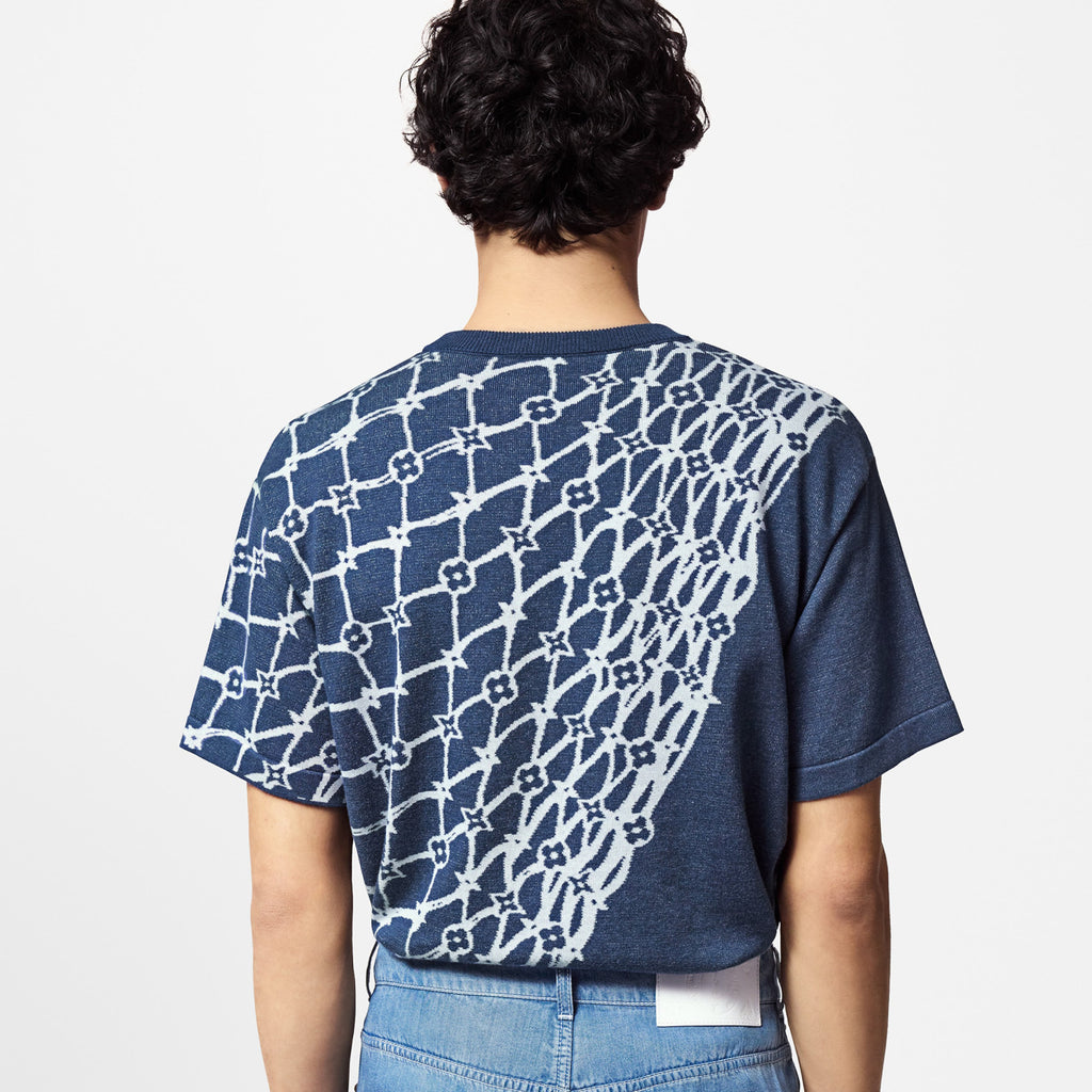 Louis Vuitton Men's Summer Blue Fishing Net Printed Ribbed Crew Neck Cotton Short Sleeve T-Shirt #99446