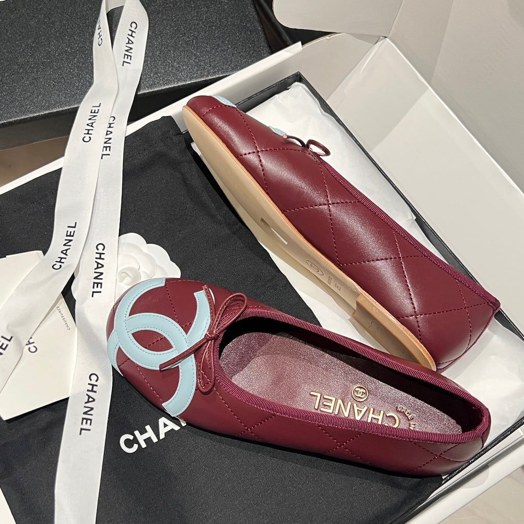 CHANEL Ballet Flats Lambskin Burgundy Light Blue #386254