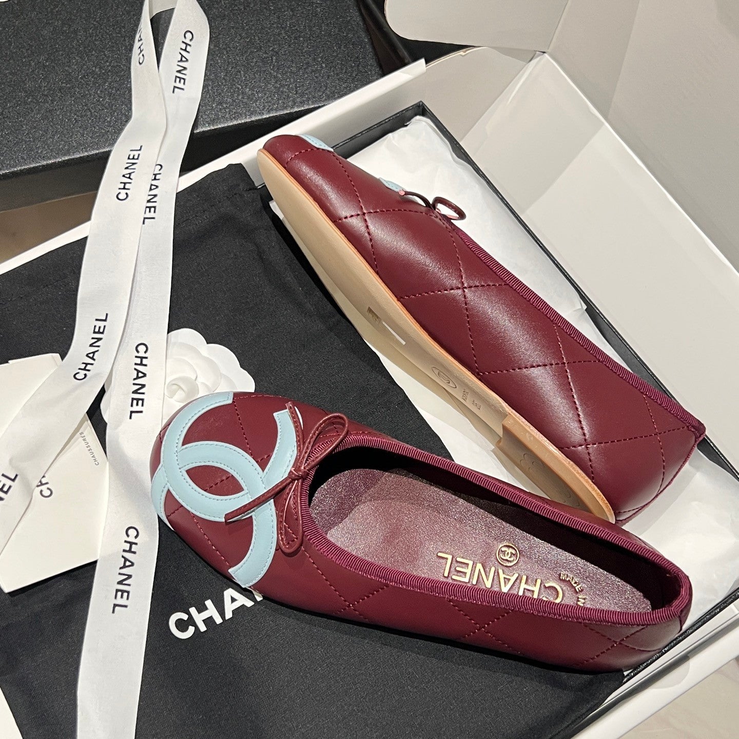 CHANEL Ballet Flats Lambskin Burgundy Light Blue #386254