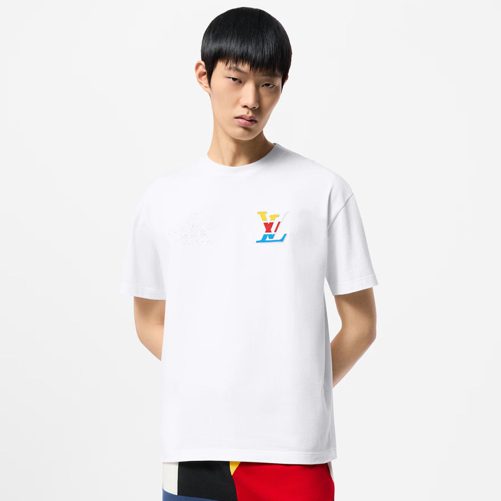 Louis Vuitton Men's Summer White Logo Embroidered Crew Neck Cotton Short Sleeve T-Shirt #72787
