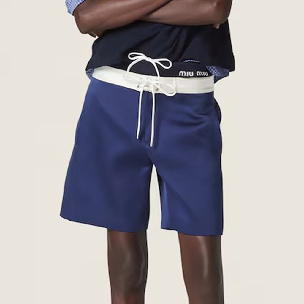 MiuMiu Men's Women's Summer Solid Colour Logo Elastic Drawstring Mid Waist Fitted Satin Bermuda Shorts Ngvp #8171