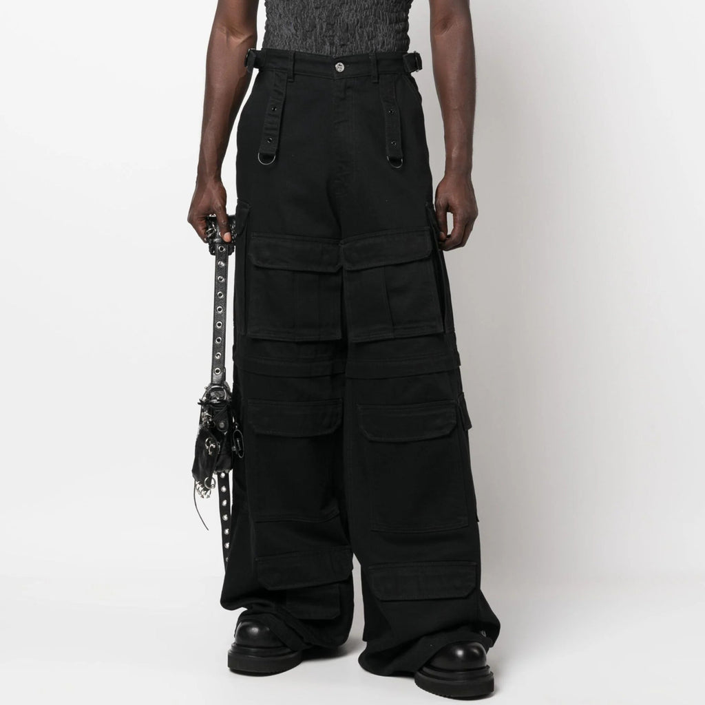 Vetements Men's Women's Four Seasons Solid Color Thickened Multi-Pocket Work Pants Loose Wide Leg Casual Denim Pants Ngvp #8669