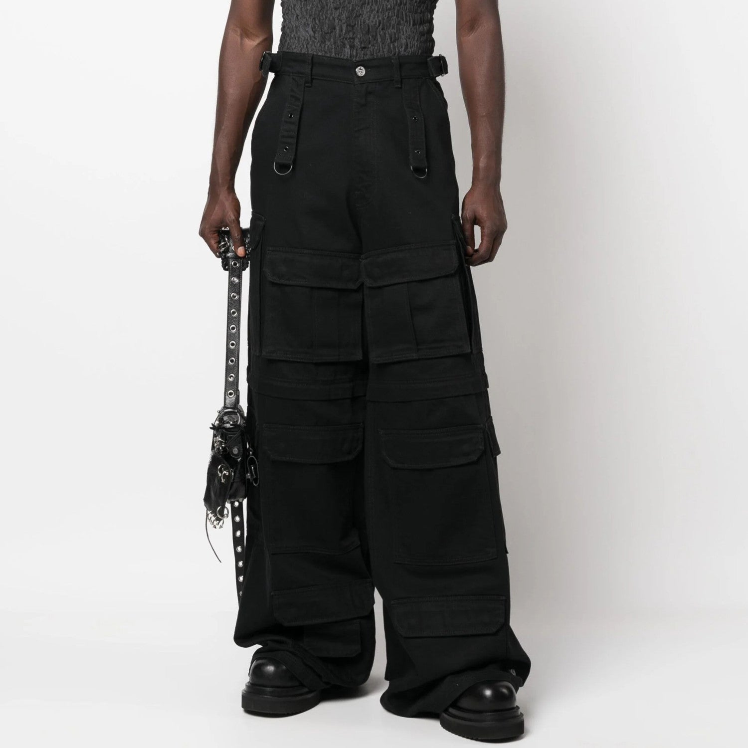 Vetements Men's Women's Four Seasons Solid Color Thickened Multi-Pocket Work Pants Loose Wide Leg Casual Denim Pants Ngvp #8669