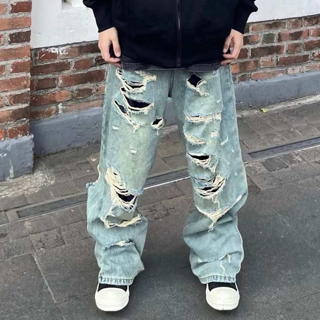 Balenciaga Men's Women's Four Seasons Fashion Destroyed Denim Trousers Blue Double Layer Casual Fit Straight Jeans Pants Ngvp #8933