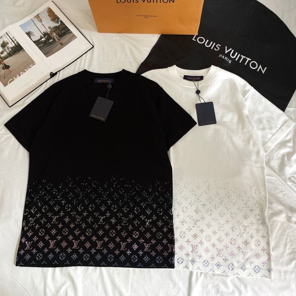Louis Vuitton Men's Summer Colorful Diamond Letters Gradient Pattern Solid Color Round Neck Short Sleeve T-shirt #76173