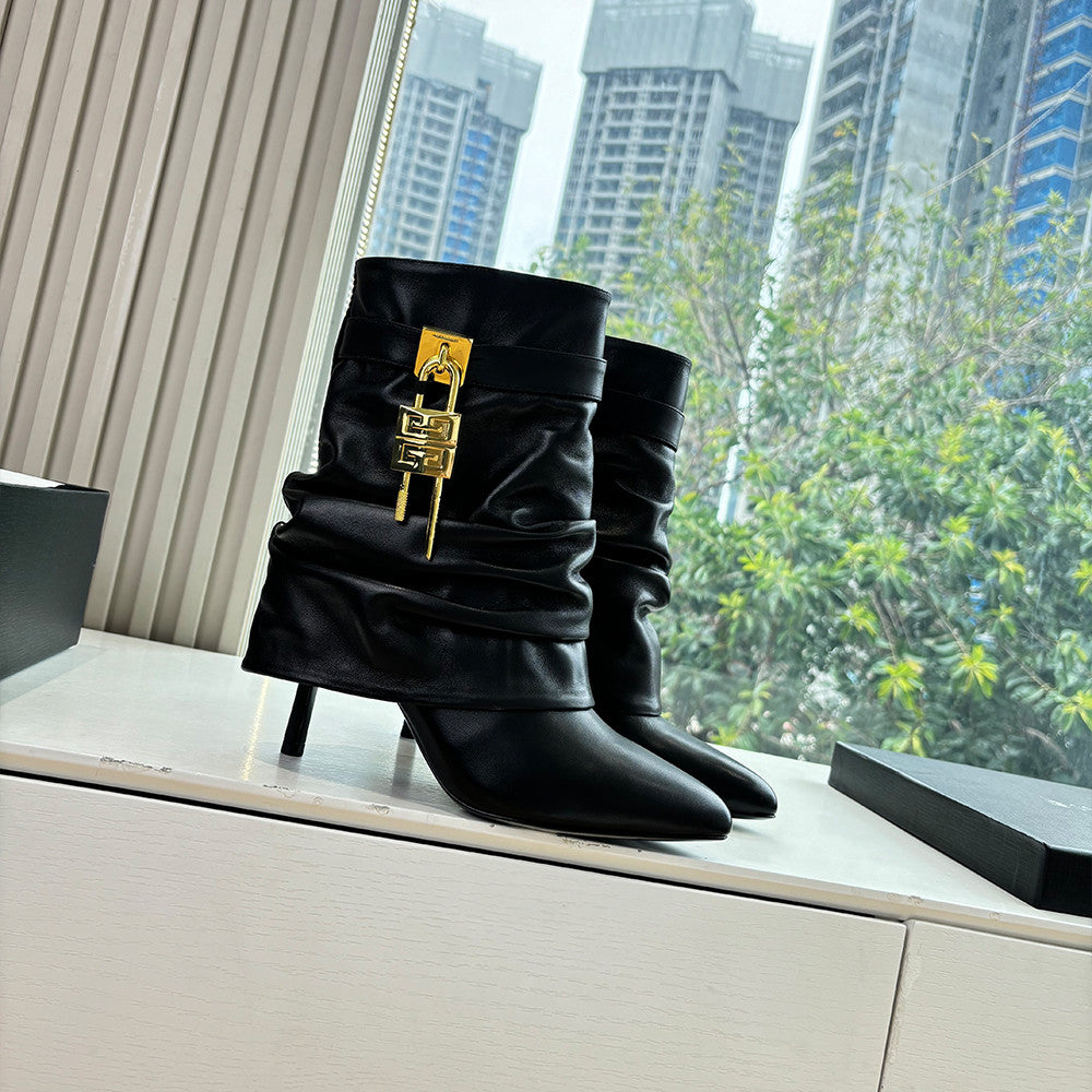 Givenchy Women's New Style Cavalier Boots Glossy Leather Boots Leather Strap Metal Buckle Asymmetric 4G LOGO Metal Padlock #333020