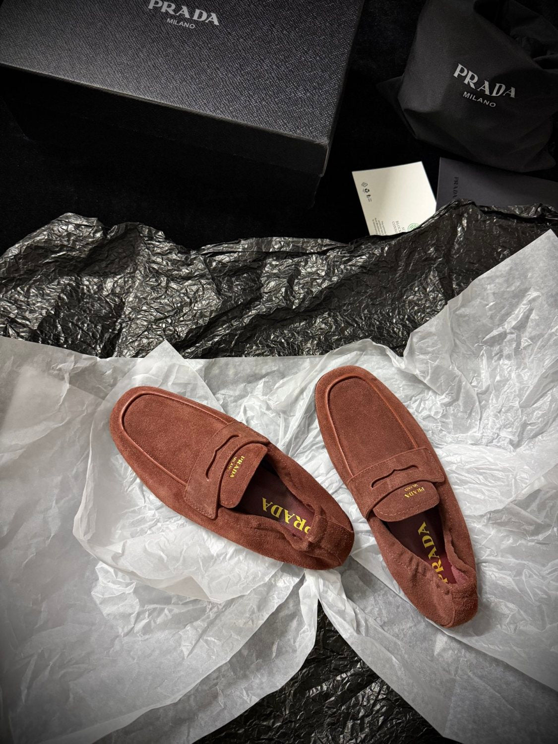 Prada Women's Solid Color Round Toe Slip-On Shiny Oiled Leather and Suede Casual Loafers Shoes #77758