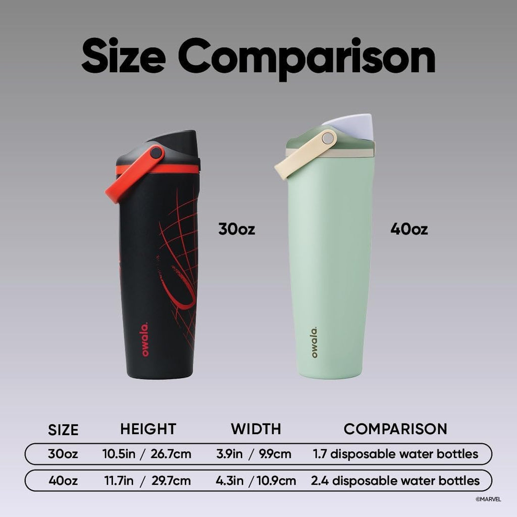 Owala Spider-Man FreeSip Sway Insulated Stainless Steel Water Bottle with Two-Way Spout. Built-in Straw and Bucket Handle. Suitable for School and Sports. 30 oz (approx. 850.5 g). BPA-Free. Leak-Proof. Night Watch