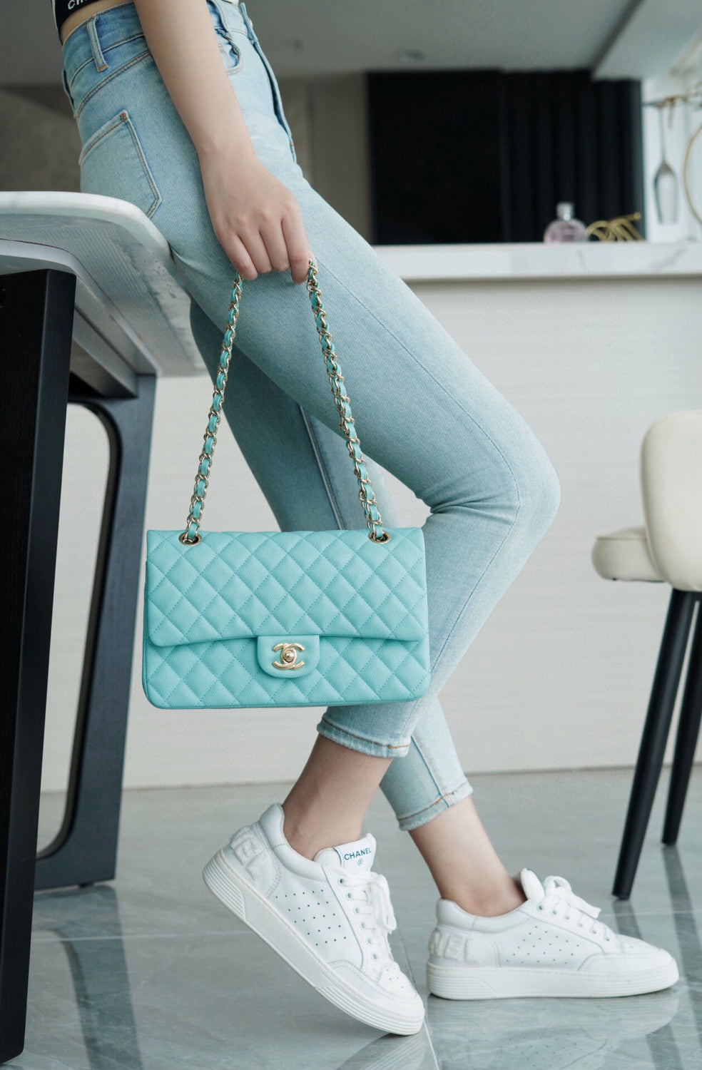 Chanel Women Classic Flap Solid Color Particle Embossed Calfskin Chain Bag Mouth Cover Bag Casual Shoulder Bags CF #71675