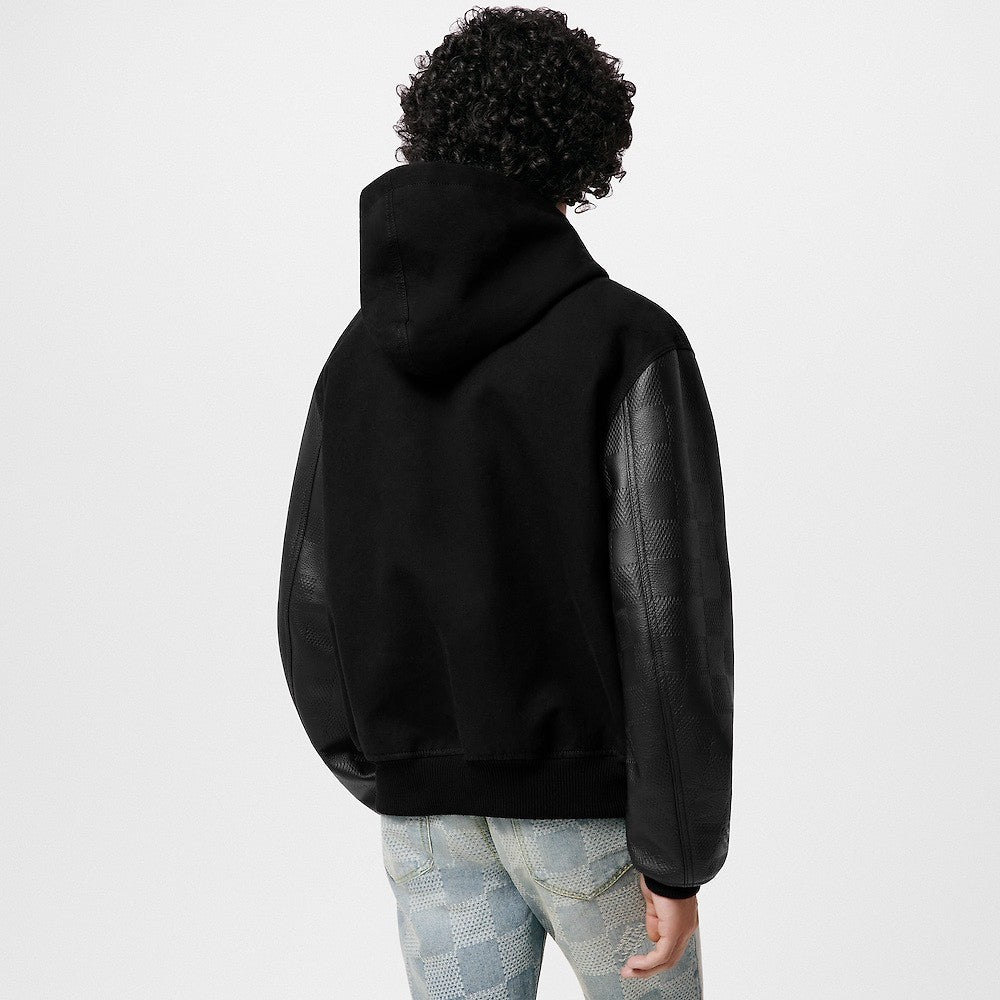 Louis Vuitton Men's Fall And Winter Black Suede Patchwork Hooded Drawstring Zipper Long Sleeve Jacket #73125