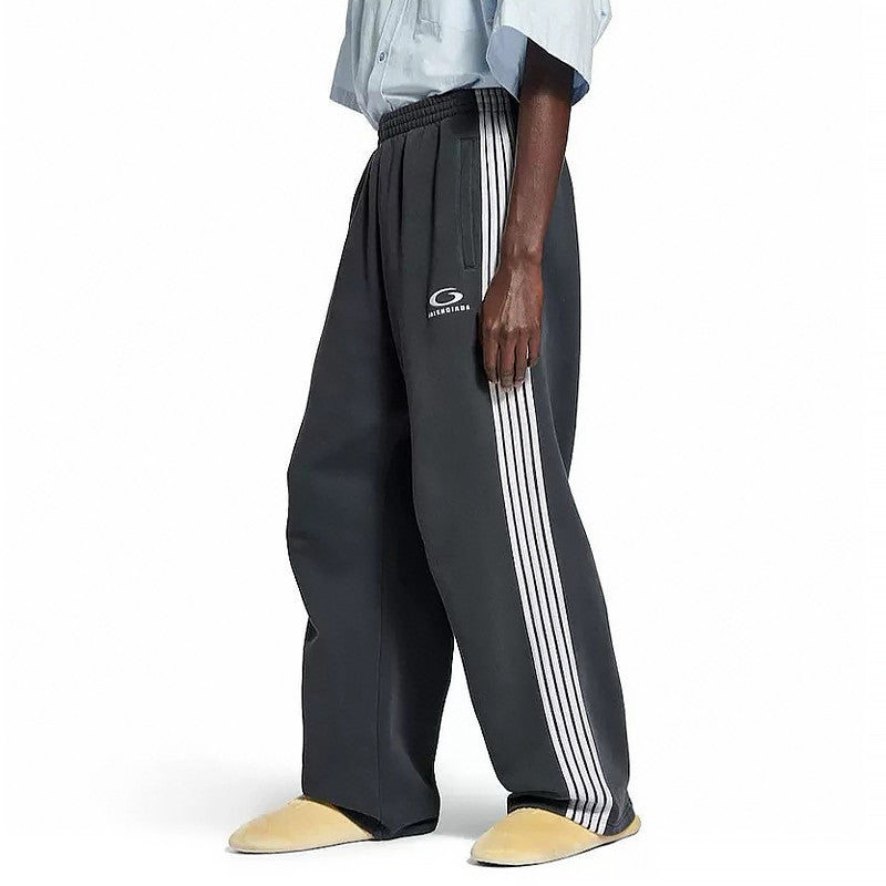 Balenciaga Men's Logo Double-Ring Embroidered Stripe Solid-Color All-Season Athletic Pants Retro Casual Elastic Waist Loose Straight-Leg Trousers Pants #335102