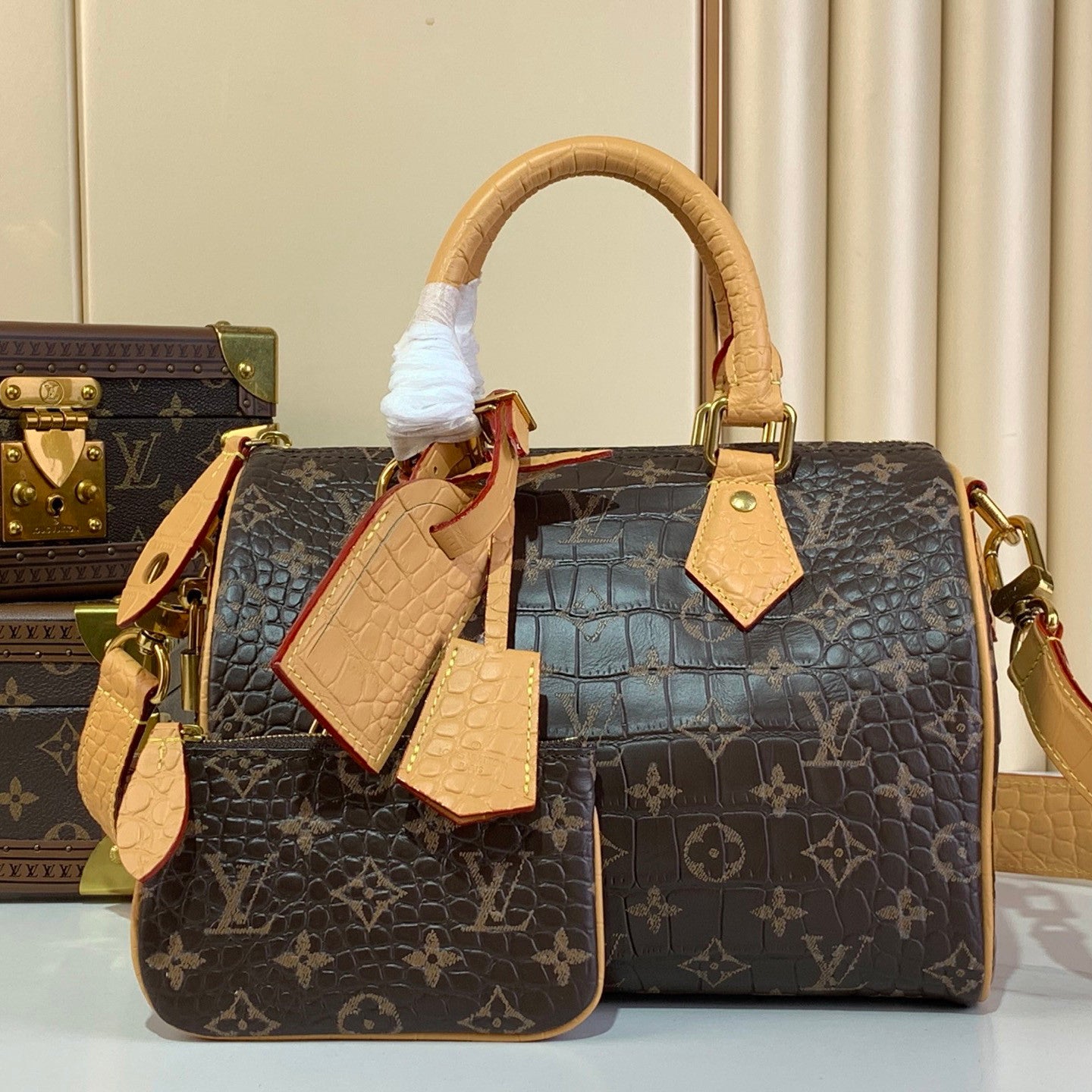 Louis Vuitton Speedy Bandoulière 25 Monogram Leather Handbag Coffee Brown Features Polished Metal Hardware A Lambskin Lining. And An Internal Signature Tag #196001