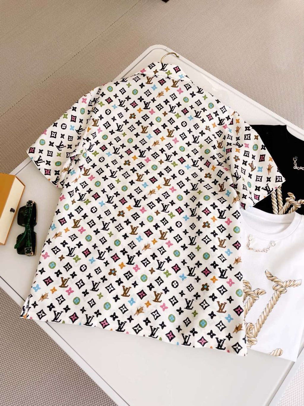 Louis Vuitton Men's Summer Logo Full Print Single Breasted Silk Short Sleeve Shirt #99595