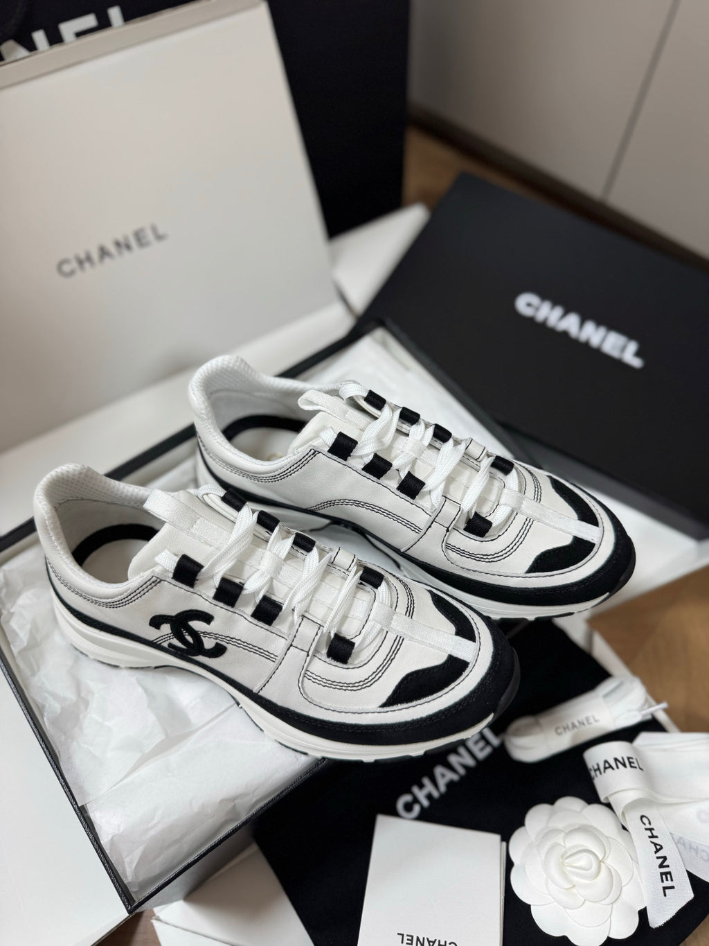 CHANEL Sneakers Calfskin Suede Calfskin White Black #381217