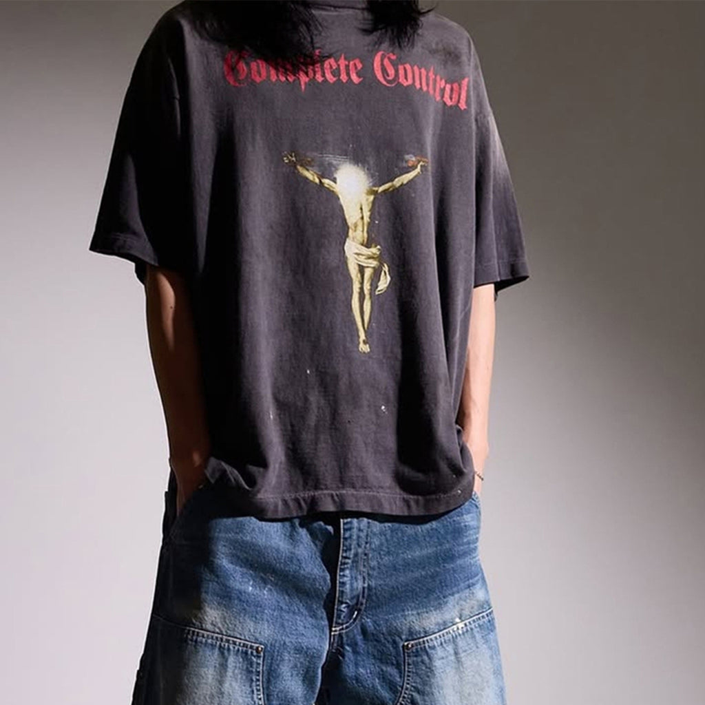 Saint Michael Men's Spring And Summer Tide American High Street Abstract Pattern Printing Washed Retro Old Loose Short-sleeved T-shirt Ngvp #1744