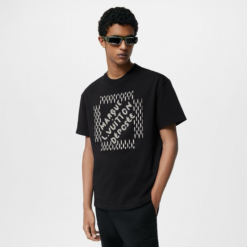 Louis Vuitton Men's Women's Spring And Summer Pearl Decoration Embroidery Black Casual Temperament Round Neck Short Sleeve Body Shirt #98525