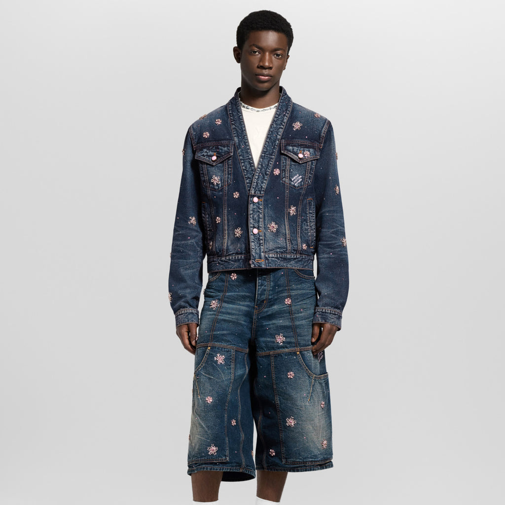 Louis Vuitton Men's and Women's Fashion Casual V Neck Embroidered Kimono Style Long Sleeve Denim Jacket  Embroidered Workwear Denim Shorts Suit Set #78735