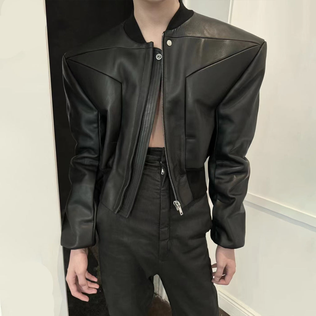 Rick Owens Men's Spring And Autumn Standing Collar Short Shoulder Padded Leather Jacket High Street Hip Hop Zip Long Sleeve Leather Jacket Ngvp #9828