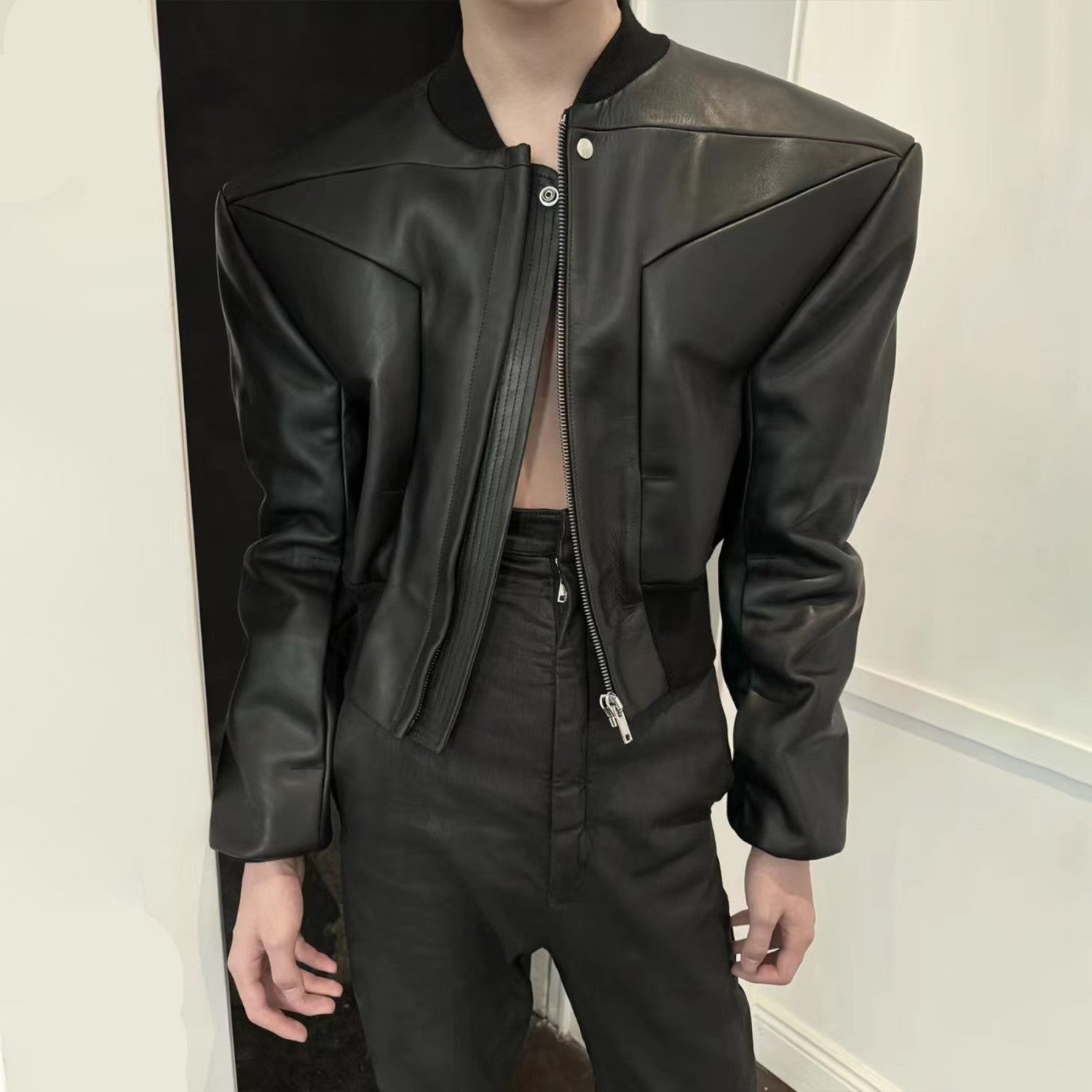 Rick Owens Men's Spring And Autumn Standing Collar Short Shoulder Padded Leather Jacket High Street Hip Hop Zip Long Sleeve Leather Jacket Ngvp #9828