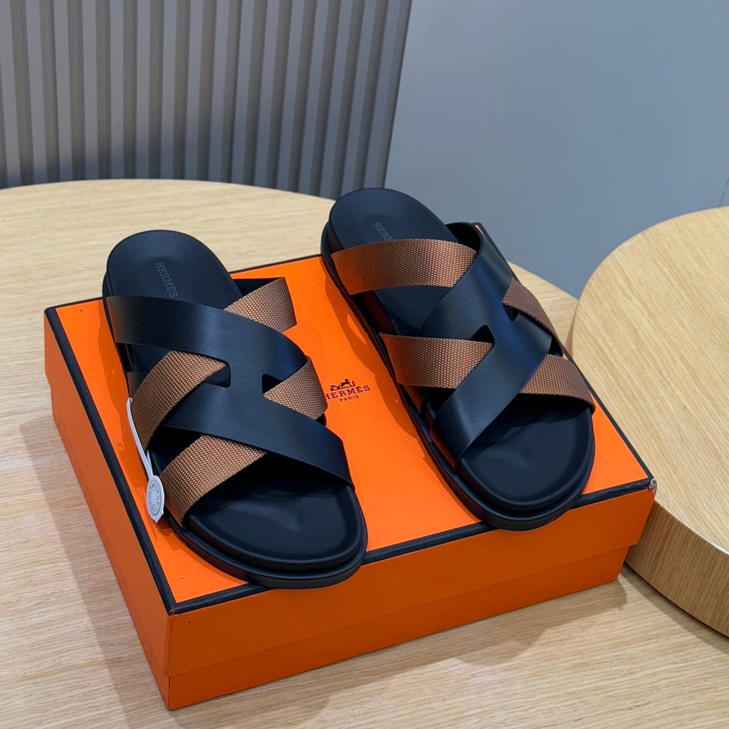 Hermes Men's Summer Solid Color Leather Suede Patchwork Sandals Slippers Shoes #76385