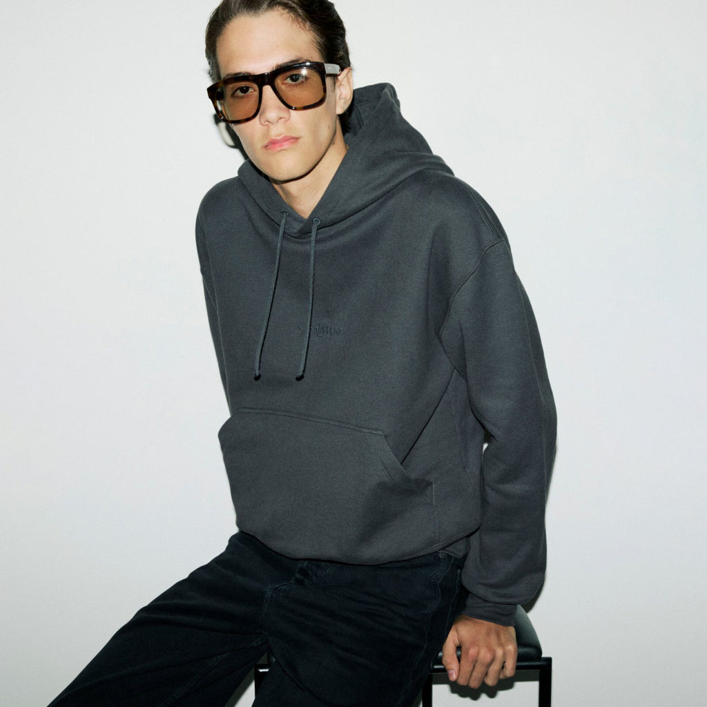 Saint Laurent Men's Spring/Autumn Solid Colour Casual Letter Embroidery Hooded Drawstring Pullover Long Sleeve Sweatshirt Pullover Hoodie #78282