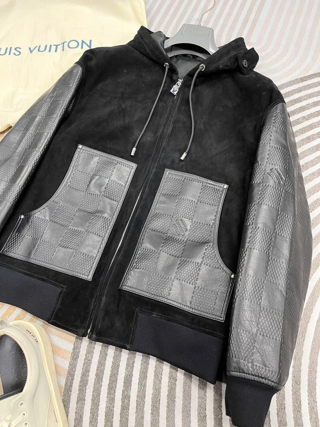 Louis Vuitton Men's Fall And Winter Black Suede Patchwork Hooded Drawstring Zipper Long Sleeve Jacket #73342