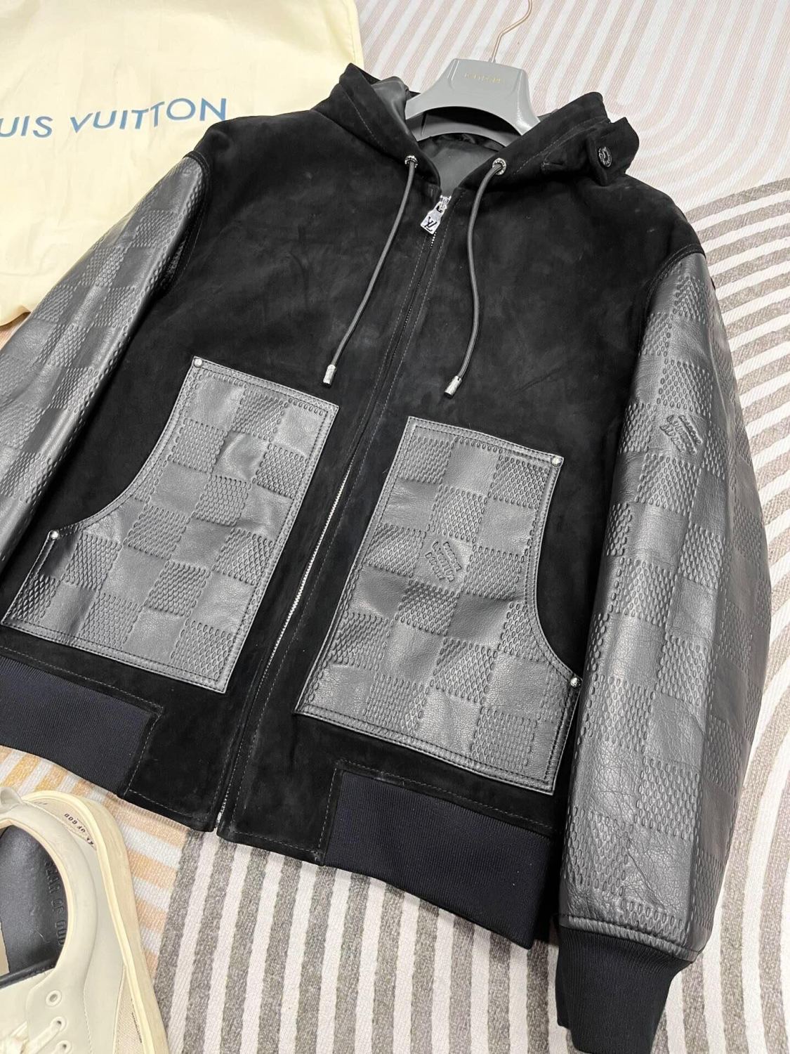 Louis Vuitton Men's Fall And Winter Black Suede Patchwork Hooded Drawstring Zipper Long Sleeve Jacket #73342