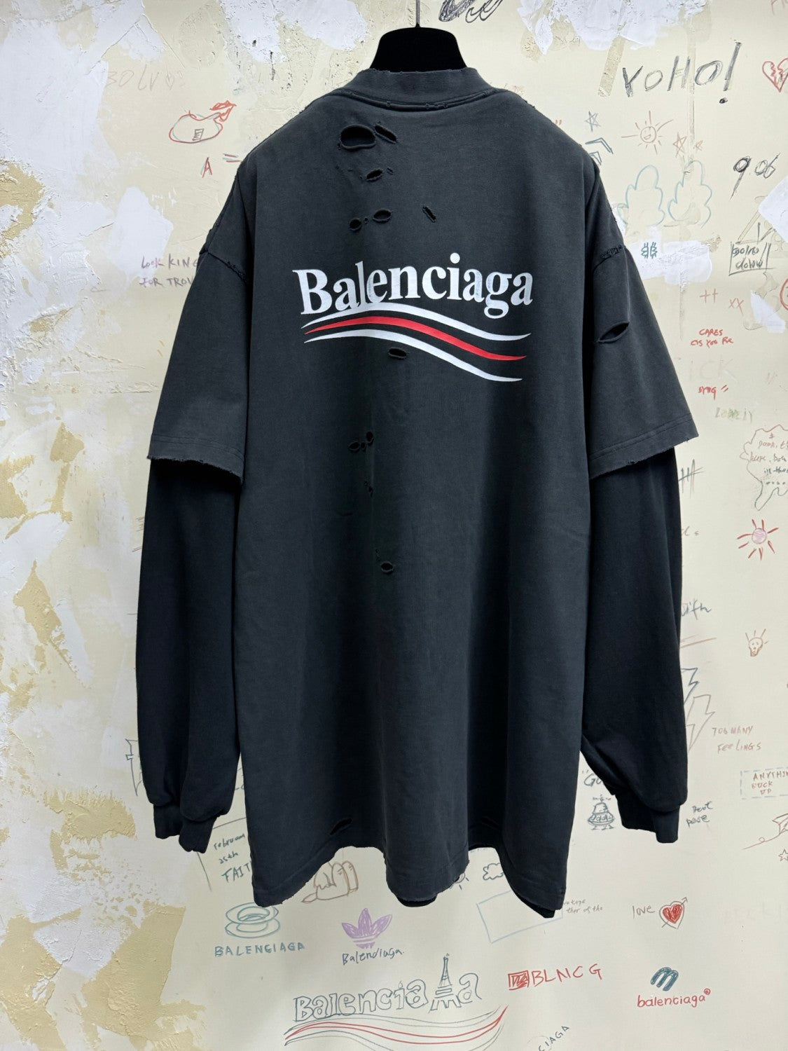 Balenciaga Men's Spring Summer Political Campaign Layered Black Vintage Plain Knit Long Sleeve T-Shirt #75967