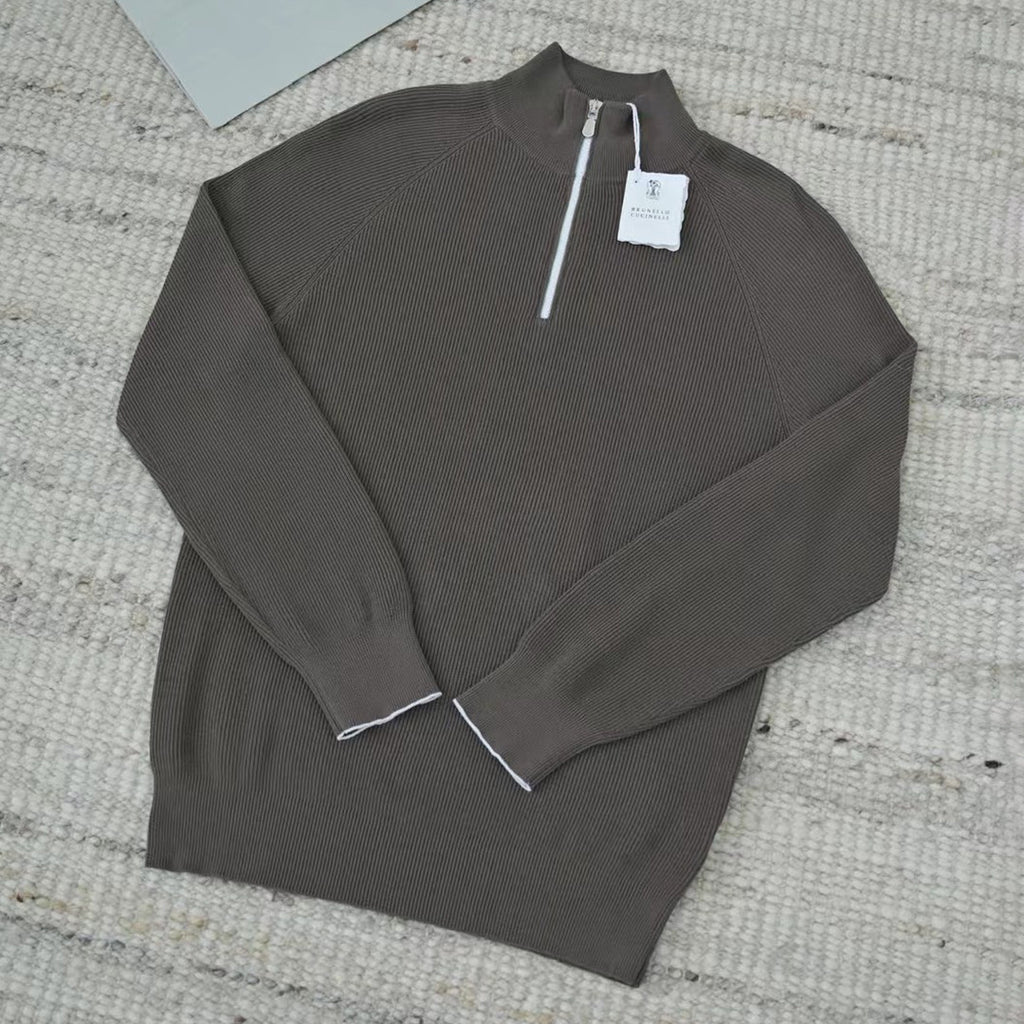 Brunello Cucinelli Men's British-Style Ribbed Cotton Knit Sweater Spring/Fall/Winter Half-Zip High-Neck Solid-Color Long-Sleeve Sweater Ngvp #2525