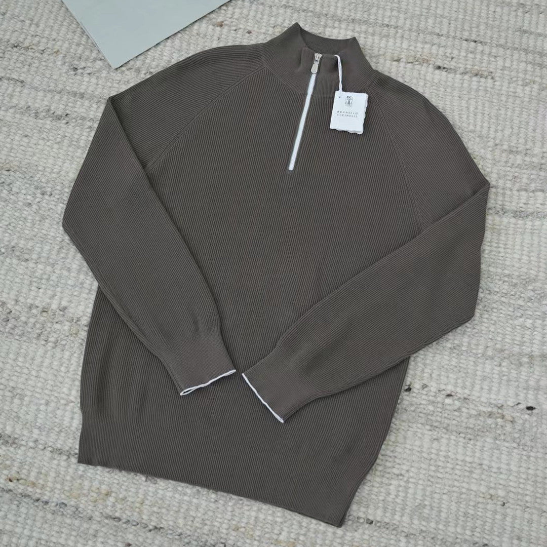 Brunello Cucinelli Men's British-Style Ribbed Cotton Knit Sweater Spring/Fall/Winter Half-Zip High-Neck Solid-Color Long-Sleeve Sweater Ngvp #2525