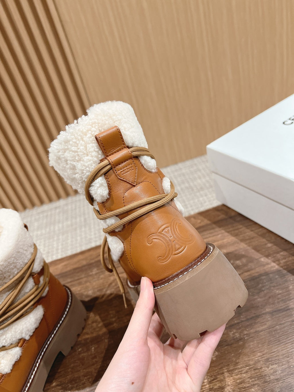 Celine Bulky Lace Up Boot in Shearling and Calfskin #292286