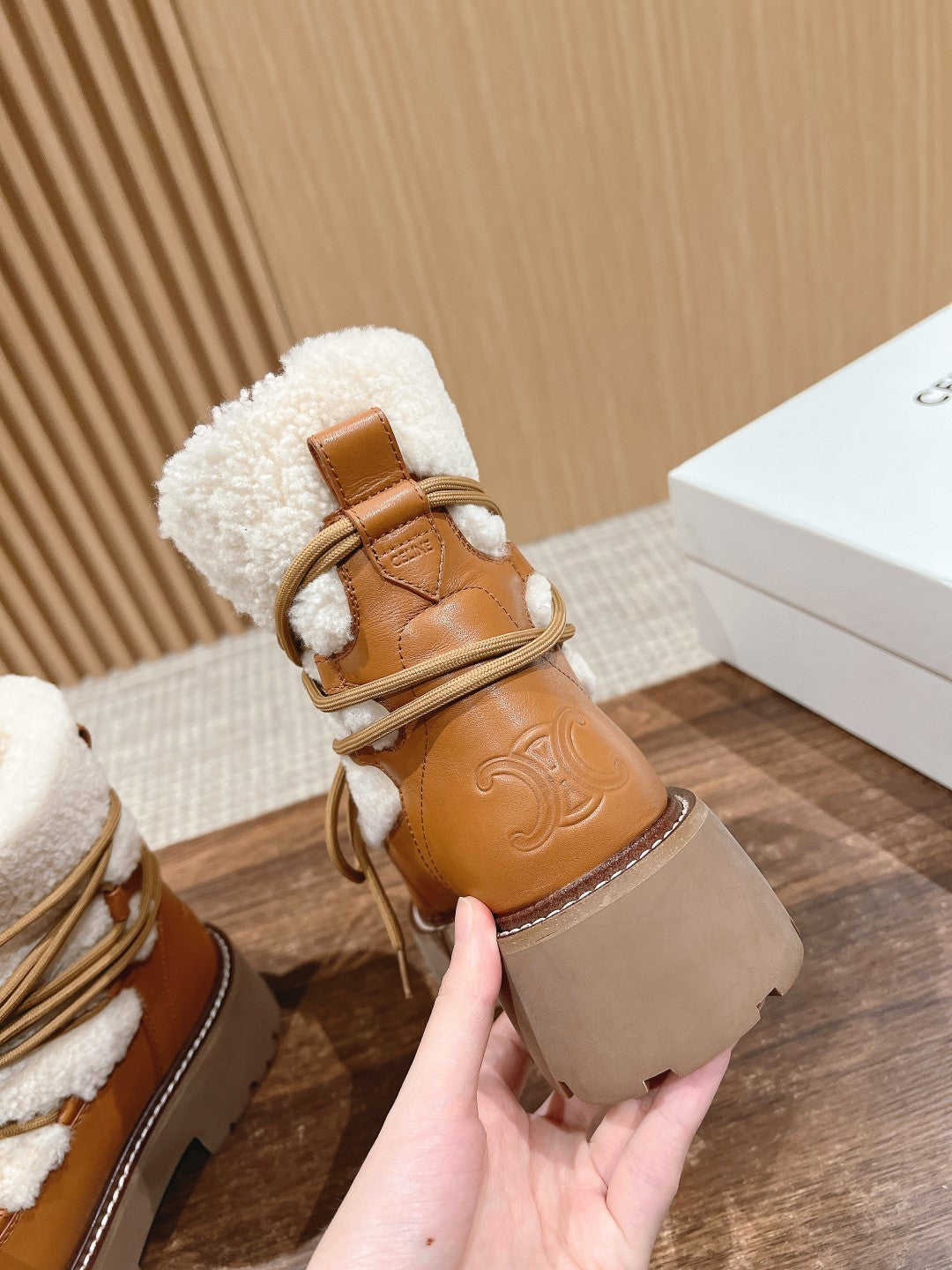 Celine Bulky Lace Up Boot in Shearling and Calfskin #292286