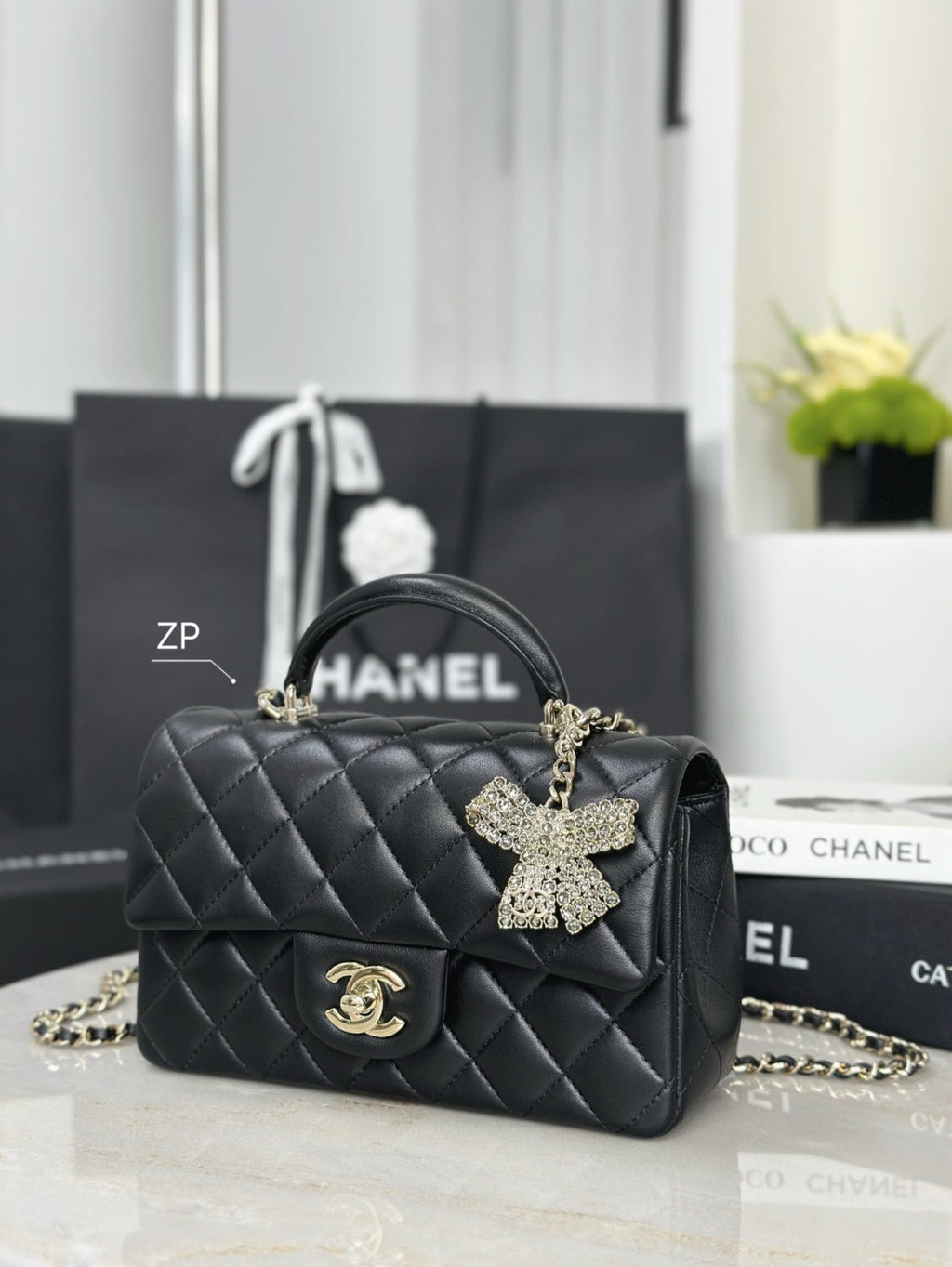 Chanel Mini Classic Handbag With Top Handle Lambskin Diamanté & Gold Metal Black #381896