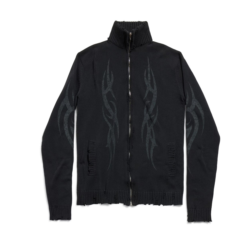Balenciaga Men's Spring And Autumn Y2K Old High Neck Zipper Pattern Printed Black Long Sleeve Loose Knit Cardigan Jacket Ngvp #9479
