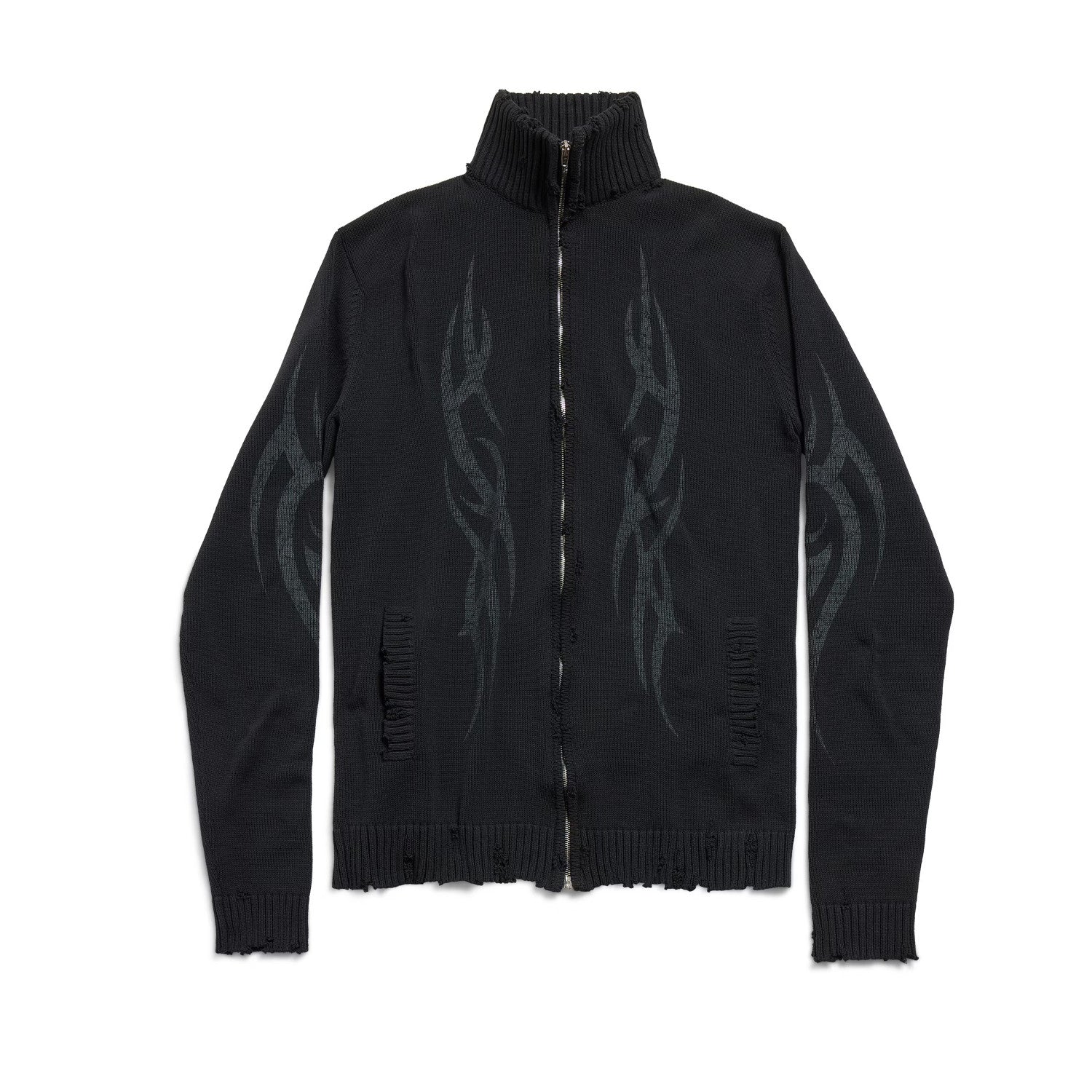 Balenciaga Men's Spring And Autumn Y2K Old High Neck Zipper Pattern Printed Black Long Sleeve Loose Knit Cardigan Jacket Ngvp #9479