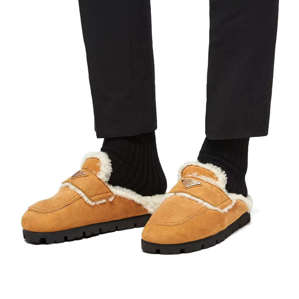 Prada Women's Fall/Winter Fashion Casual Round Toe Open Back Classic Logo Triangle Label Shearling Slippers Shoes #79521